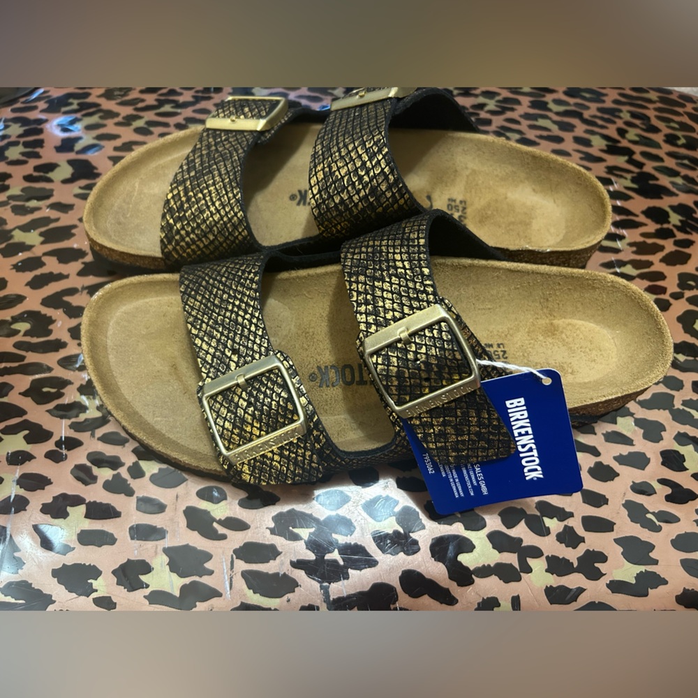 Birkenstock Women’s Metallic Gold Snake-Print Two-Strap Sandal